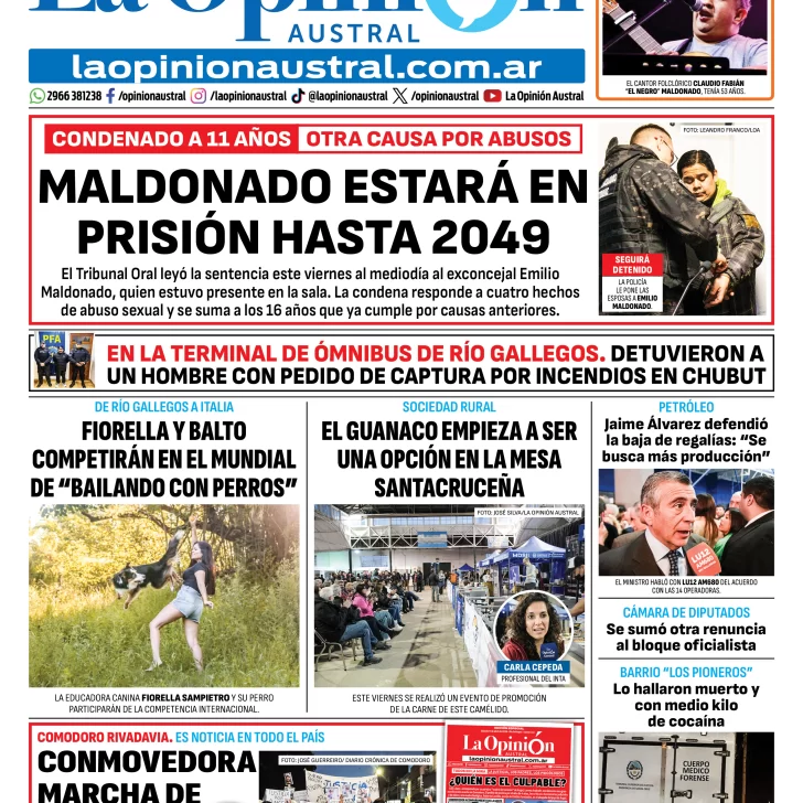 Tapa del Diario La Opinión Austral edición impresa del sábado 11 de abril de 2026, Río Gallegos, Santa Cruz, Argentina Tapa del Diario La Opinión Austral edición impresa del sábado 11 de abril de 2026, Río Gallegos, Santa Cruz, Argentina