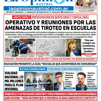 Tapa del Diario La Opinión Austral edición impresa del sábado 18 de abril de 2026, Río Gallegos, Santa Cruz, Argentina