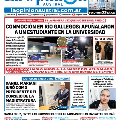 Tapa del Diario La Opinión Austral del miércoles 20 de mayo de 2026, Río Gallegos, Santa Cruz, Argentina