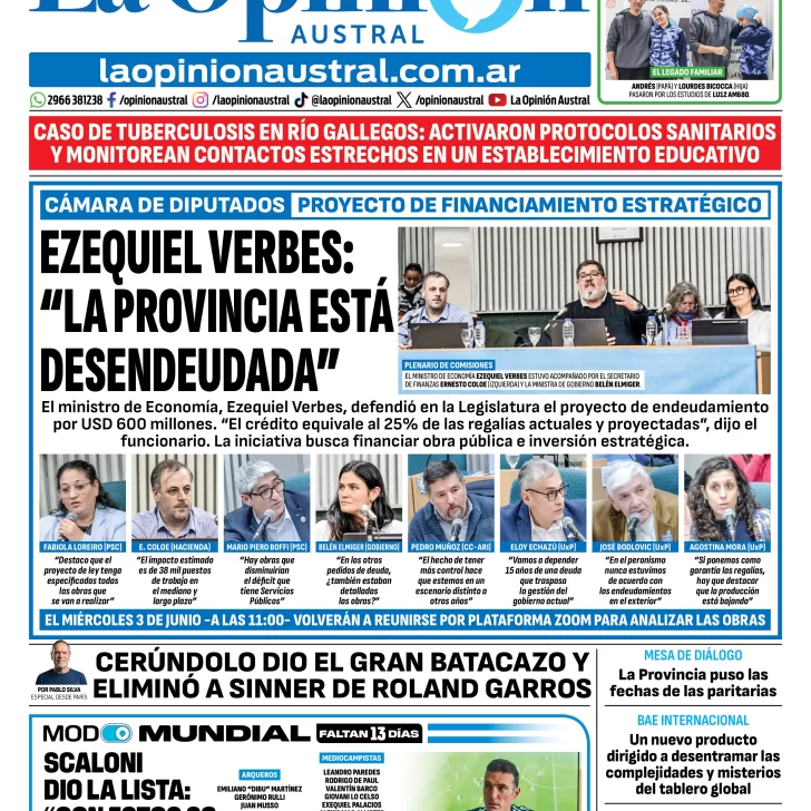 Tapa del Diario La Opinión Austral del viernes 29 de mayo de 2026, Río Gallegos, Santa Cruz, Argentina Tapa del Diario La Opinión Austral del viernes 29 de mayo de 2026, Río Gallegos, Santa Cruz, Argentina