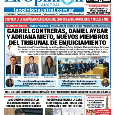 Tapa del Diario La Opinión Austral del sábado 30 de mayo de 2026, Río Gallegos, Santa Cruz, Argentina