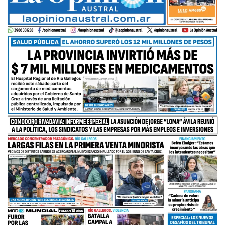 Tapa del Diario La Opinión Austral del domingo 24 de mayo de 2026, Río Gallegos, Santa Cruz, Argentina Tapa del Diario La Opinión Austral del domingo 24 de mayo de 2026, Río Gallegos, Santa Cruz, Argentina