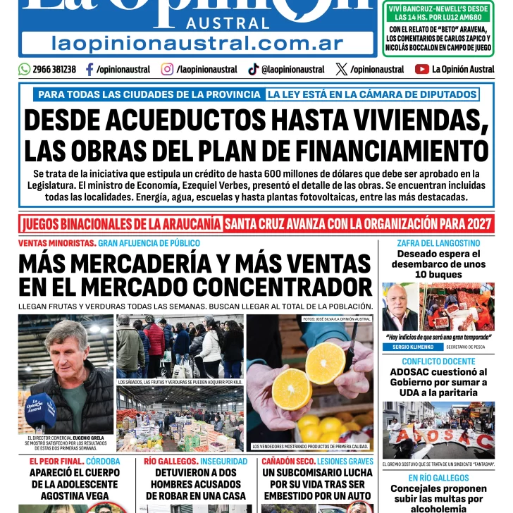 Tapa del Diario La Opinión Austral del domingo 31 de mayo de 2026, Río Gallegos, Santa Cruz, Argentina Tapa del Diario La Opinión Austral del domingo 31 de mayo de 2026, Río Gallegos, Santa Cruz, Argentina
