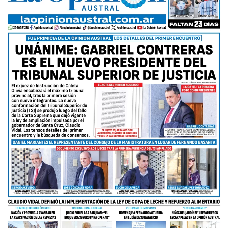 Tapa del Diario La Opinión Austral del martes 19 de mayo de 2026, Río Gallegos, Santa Cruz, Argentina Tapa del Diario La Opinión Austral del martes 19 de mayo de 2026, Río Gallegos, Santa Cruz, Argentina