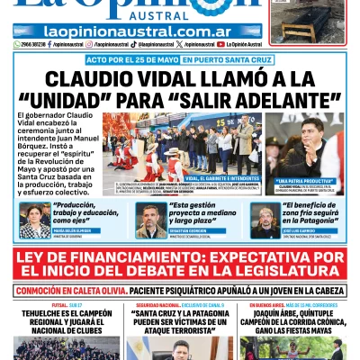 Tapa del Diario La Opinión Austral del martes 26 de mayo de 2026, Río Gallegos, Santa Cruz, Argentina