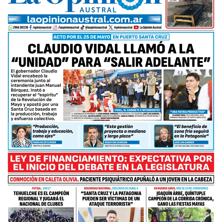 Tapa del Diario La Opinión Austral del martes 26 de mayo de 2026, Río Gallegos, Santa Cruz, Argentina Tapa del Diario La Opinión Austral del martes 26 de mayo de 2026, Río Gallegos, Santa Cruz, Argentina