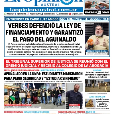 Tapa del Diario La Opinión Austral del sábado 23 de mayo de 2026, Río Gallegos, Santa Cruz, Argentina