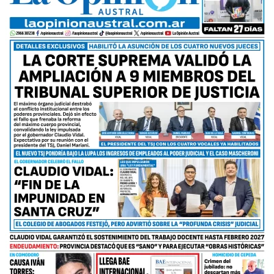 Tapa del Diario La Opinión Austral edición impresa del viernes 15 de mayo de 2026, Río Gallegos, Santa Cruz, Argentina Tapa del Diario La Opinión Austral edición impresa del viernes 15 de mayo de 2026, Río Gallegos, Santa Cruz, Argentina