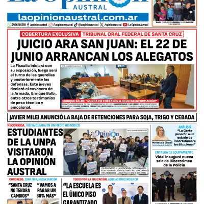 Tapa del Diario La Opinión Austral del viernes 22 de mayo de 2026, Río Gallegos, Santa Cruz, Argentina