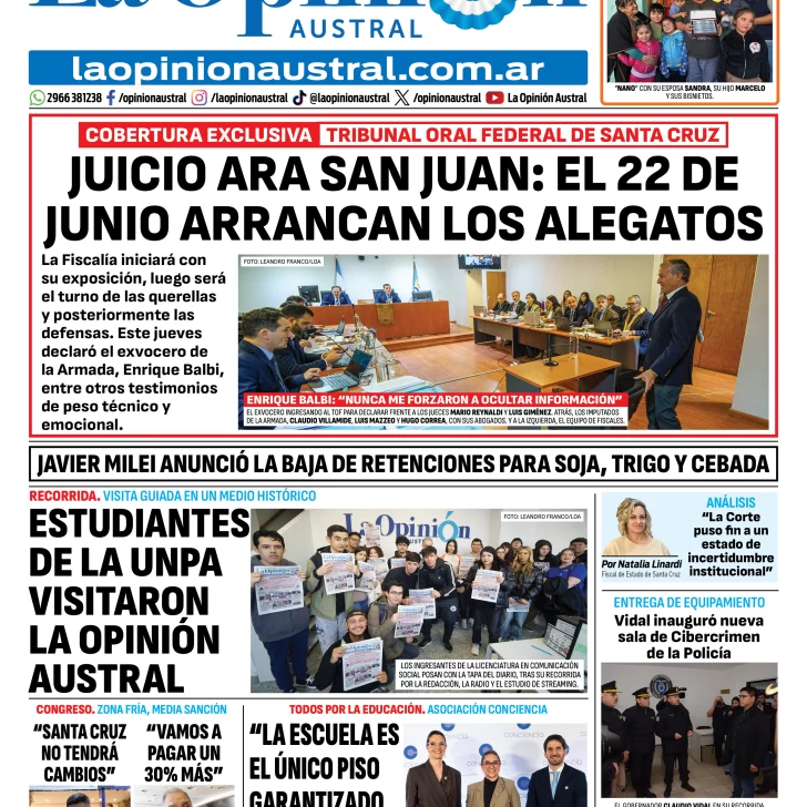 Tapa del Diario La Opinión Austral del viernes 22 de mayo de 2026, Río Gallegos, Santa Cruz, Argentina Tapa del Diario La Opinión Austral del viernes 22 de mayo de 2026, Río Gallegos, Santa Cruz, Argentina