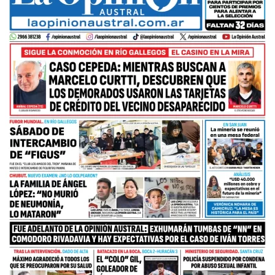 Tapa del Diario La Opinión Austral edición impresa del domingo 10 de mayo de 2026, Río Gallegos, Santa Cruz, Argentina
