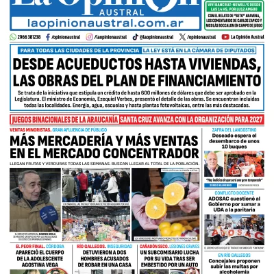Tapa del Diario La Opinión Austral del domingo 31 de mayo de 2026, Río Gallegos, Santa Cruz, Argentina