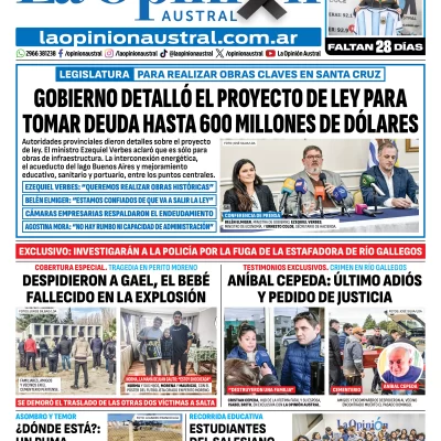 Tapa del Diario La Opinión Austral edición impresa del jueves 14 de mayo de 2026, Río Gallegos, Santa Cruz, Argentina Tapa del Diario La Opinión Austral edición impresa del jueves 14 de mayo de 2026, Río Gallegos, Santa Cruz, Argentina
