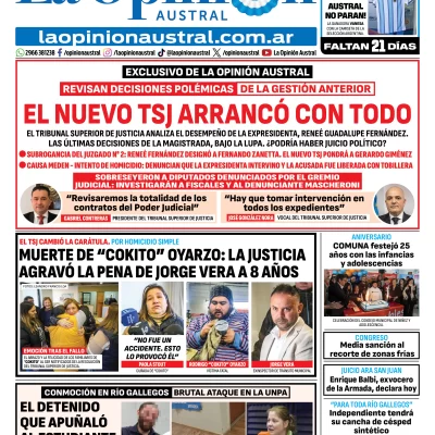 Tapa del Diario La Opinión Austral del jueves 21 de mayo de 2026, Río Gallegos, Santa Cruz, Argentina