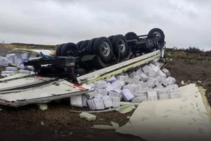Un camión con 10 toneladas de langostinos volcó por nieve y escarcha en Ruta 3