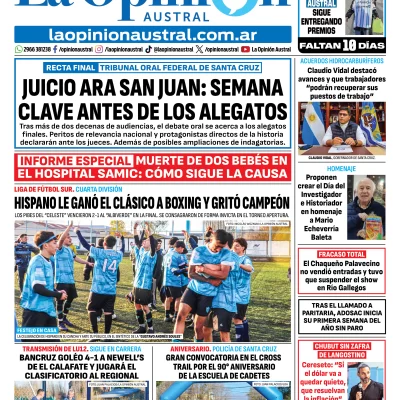 Tapa del Diario La Opinión Austral del lunes 1 de junio de 2026, Río Gallegos, Santa Cruz, Argentina