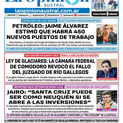 Tapa del Diario La Opinión Austral del martes 2 de junio de 2026, Río Gallegos, Santa Cruz, Argentina