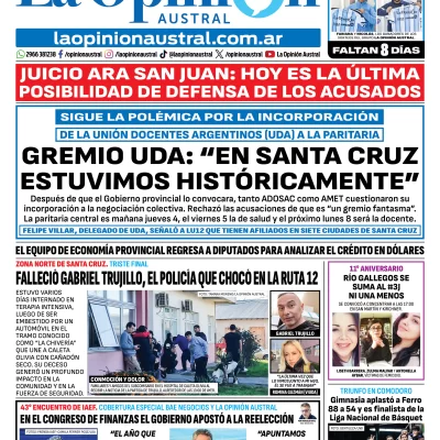 Tapa del Diario La Opinión Austral del miércoles 3 de junio de 2026, Río Gallegos, Santa Cruz, Argentina