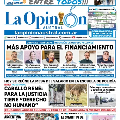 Tapa del Diario La Opinión Austral del miércoles 10 de junio de 2026, Río Gallegos, Santa Cruz, Argentina