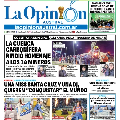 Tapa del Diario La Opinión Austral del domingo 14 de junio de 2026, Río Gallegos, Santa Cruz, Argentina