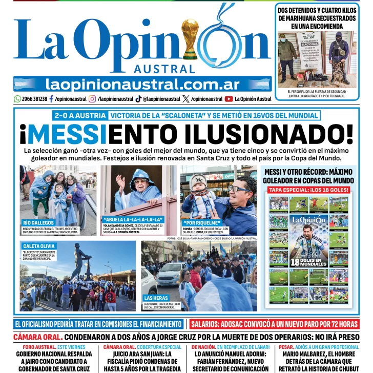 Tapa del Diario La Opinión Austral del martes 23 de junio de 2026, Río Gallegos, Santa Cruz, Argentina Tapa del Diario La Opinión Austral del martes 23 de junio de 2026, Río Gallegos, Santa Cruz, Argentina