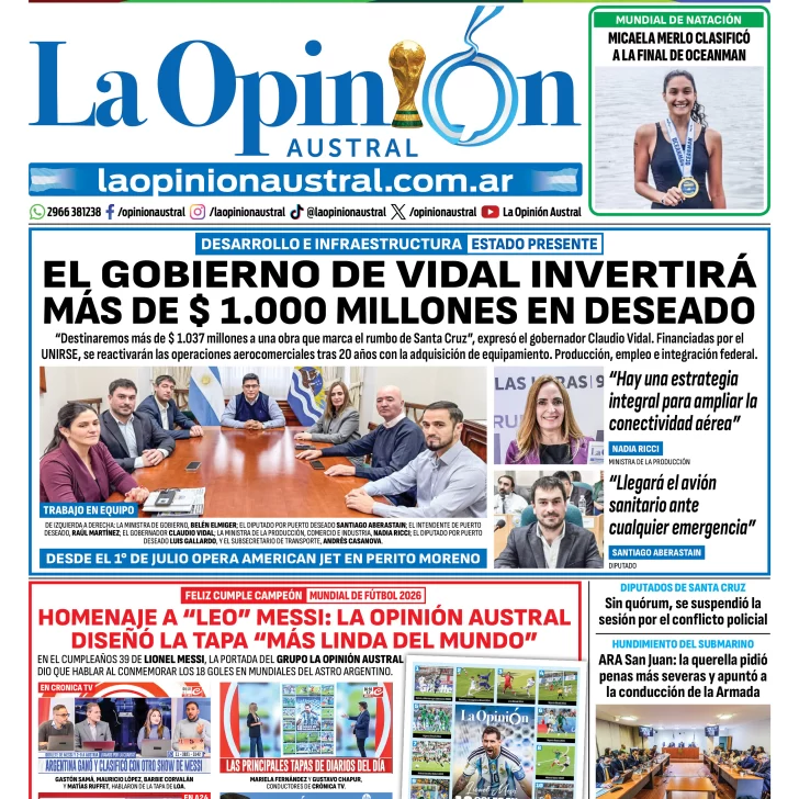 Tapa del Diario La Opinión Austral del miércoles 24 de junio de 2026, Río Gallegos, Santa Cruz, Argentina Tapa del Diario La Opinión Austral del miércoles 24 de junio de 2026, Río Gallegos, Santa Cruz, Argentina