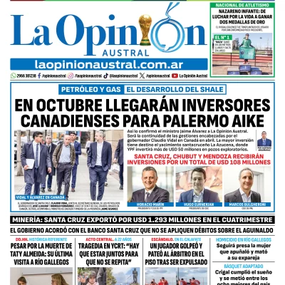 Tapa del Diario La Opinión Austral del lunes 15 de junio de 2026, Río Gallegos, Santa Cruz, Argentina