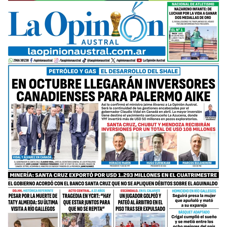 Tapa del Diario La Opinión Austral del lunes 15 de junio de 2026, Río Gallegos, Santa Cruz, Argentina Tapa del Diario La Opinión Austral del lunes 15 de junio de 2026, Río Gallegos, Santa Cruz, Argentina
