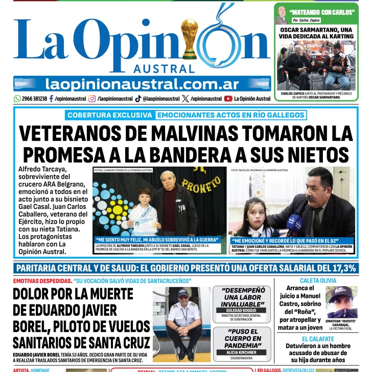 Tapa del Diario La Opinión Austral del sábado 20 de junio de 2026, Río Gallegos, Santa Cruz, Argentina Tapa del Diario La Opinión Austral del sábado 20 de junio de 2026, Río Gallegos, Santa Cruz, Argentina