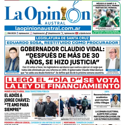 Tapa del Diario La Opinión Austral del viernes 12 de junio de 2026, Río Gallegos, Santa Cruz, Argentina
