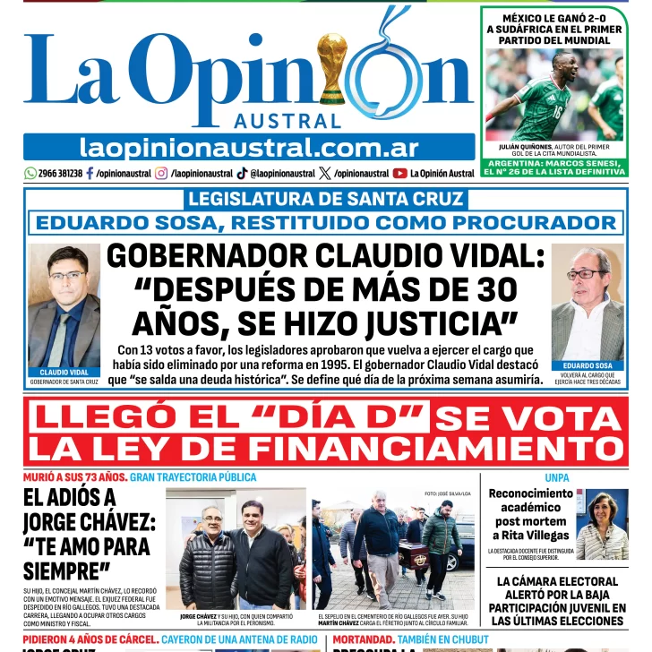 Tapa del Diario La Opinión Austral del viernes 12 de junio de 2026, Río Gallegos, Santa Cruz, Argentina Tapa del Diario La Opinión Austral del viernes 12 de junio de 2026, Río Gallegos, Santa Cruz, Argentina