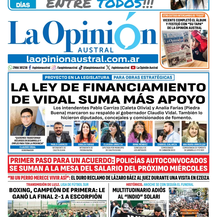 Tapa del Diario La Opinión Austral del lunes 8 de junio de 2026, Río Gallegos, Santa Cruz, Argentina Tapa del Diario La Opinión Austral del lunes 8 de junio de 2026, Río Gallegos, Santa Cruz, Argentina