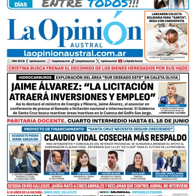 Tapa del Diario La Opinión Austral del martes 9 de junio de 2026, Río Gallegos, Santa Cruz, Argentina