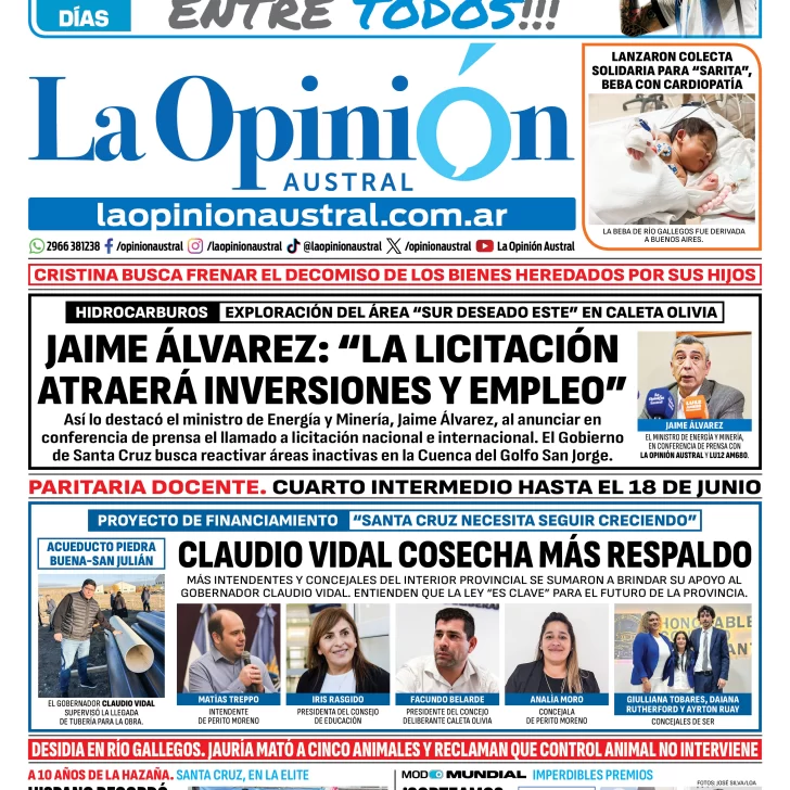 Tapa del Diario La Opinión Austral del martes 9 de junio de 2026, Río Gallegos, Santa Cruz, Argentina Tapa del Diario La Opinión Austral del martes 9 de junio de 2026, Río Gallegos, Santa Cruz, Argentina