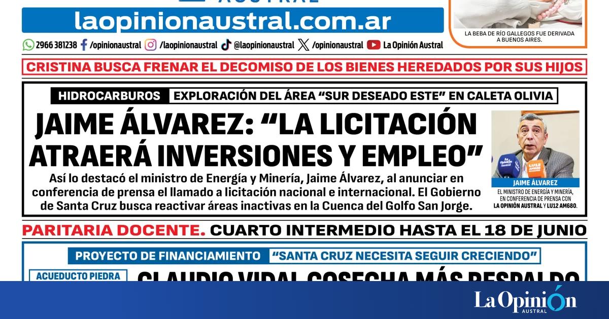 Tapa del Diario La Opinión Austral del martes 9 de junio de 2026, Río Gallegos, Santa Cruz, Argentina