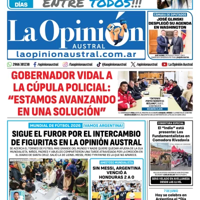 Tapa del Diario La Opinión Austral del domingo 7 de junio de 2026, Río Gallegos, Santa Cruz, Argentina