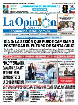 Tapa del Diario La Opinión Austral del jueves 11 de junio de 2026, Río Gallegos, Santa Cruz, Argentina Tapa del Diario La Opinión Austral del jueves 11 de junio de 2026, Río Gallegos, Santa Cruz, Argentina