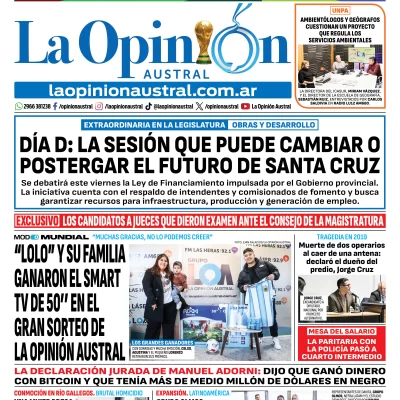 Tapa del Diario La Opinión Austral del jueves 11 de junio de 2026, Río Gallegos, Santa Cruz, Argentina