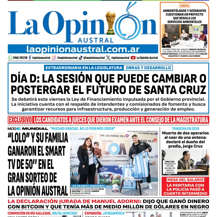 Tapa del Diario La Opinión Austral del jueves 11 de junio de 2026, Río Gallegos, Santa Cruz, Argentina Tapa del Diario La Opinión Austral del jueves 11 de junio de 2026, Río Gallegos, Santa Cruz, Argentina