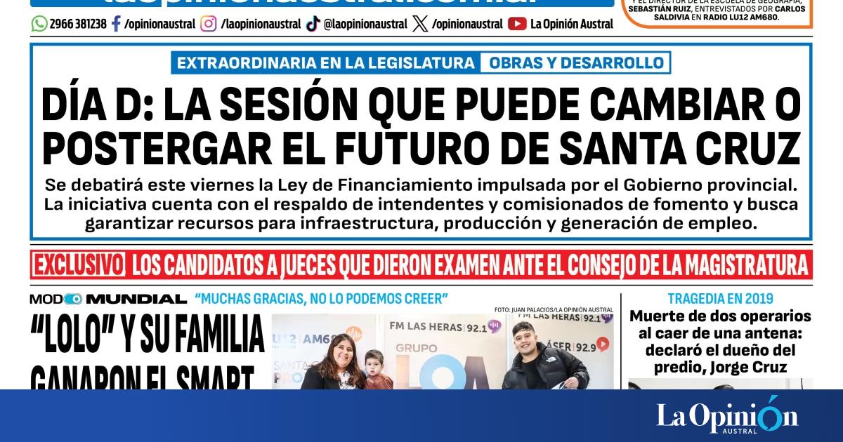 Tapa del Diario La Opinión Austral del jueves 11 de junio de 2026, Río Gallegos, Santa Cruz, Argentina