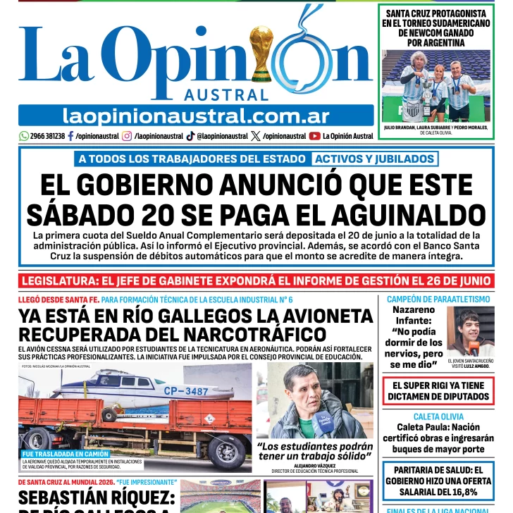 Tapa del Diario La Opinión Austral del jueves 18 de junio de 2026, Río Gallegos, Santa Cruz, Argentina Tapa del Diario La Opinión Austral del jueves 18 de junio de 2026, Río Gallegos, Santa Cruz, Argentina