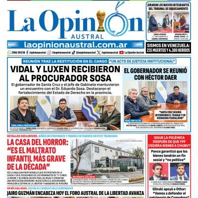 Tapa del Diario La Opinión Austral del viernes 26 de junio de 2026, Río Gallegos, Santa Cruz, Argentina