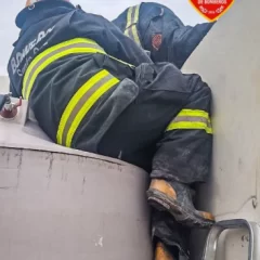 Bomberos de Puerto Deseado rescataron a un gato atrapado entre un tanque de agua y un muro