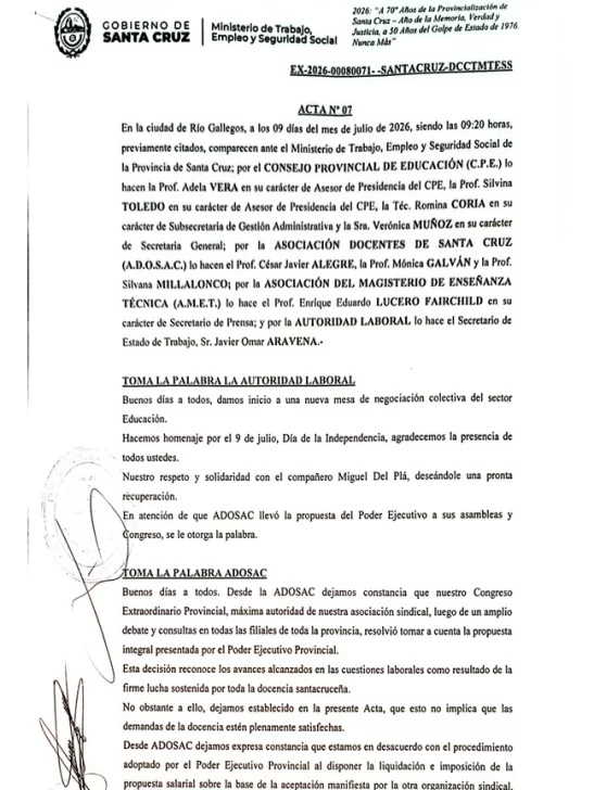  Con la aceptación formal de ADOSAC, las partes dejaron plasmado en el Acta el esquema salarial ya anunciado por el Gobierno provincial.