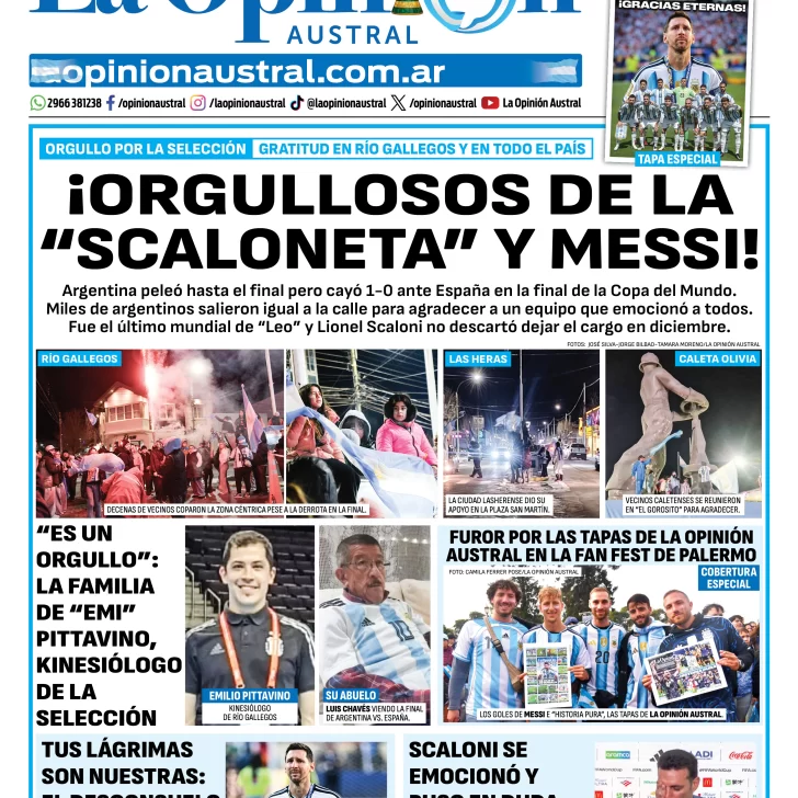 Tapa del Diario La Opinión Austral del lunes 20 de julio de 2026, Río Gallegos, Santa Cruz, Argentina Tapa del Diario La Opinión Austral del lunes 20 de julio de 2026, Río Gallegos, Santa Cruz, Argentina