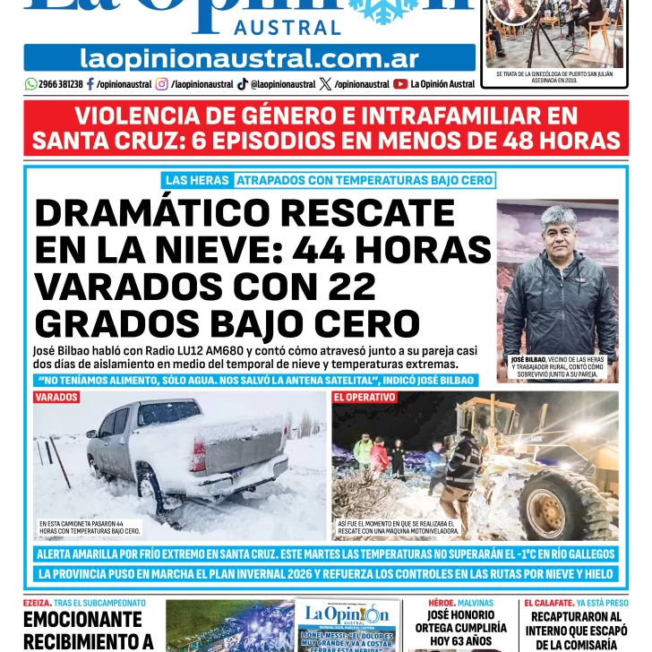 Tapa del Diario La Opinión Austral del martes 21 de julio de 2026, Río Gallegos, Santa Cruz, Argentina Tapa del Diario La Opinión Austral del martes 21 de julio de 2026, Río Gallegos, Santa Cruz, Argentina
