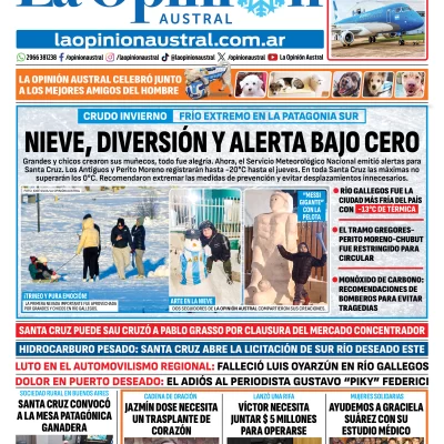 Tapa del Diario La Opinión Austral del miércoles 22 de julio de 2026, Río Gallegos, Santa Cruz, Argentina