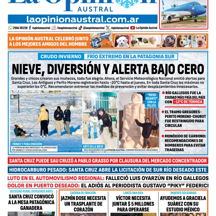 Tapa del Diario La Opinión Austral del miércoles 22 de julio de 2026, Río Gallegos, Santa Cruz, Argentina Tapa del Diario La Opinión Austral del miércoles 22 de julio de 2026, Río Gallegos, Santa Cruz, Argentina