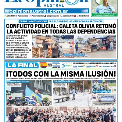 Tapa del Diario La Opinión Austral del domingo 19 de julio de 2026, Río Gallegos, Santa Cruz, Argentina