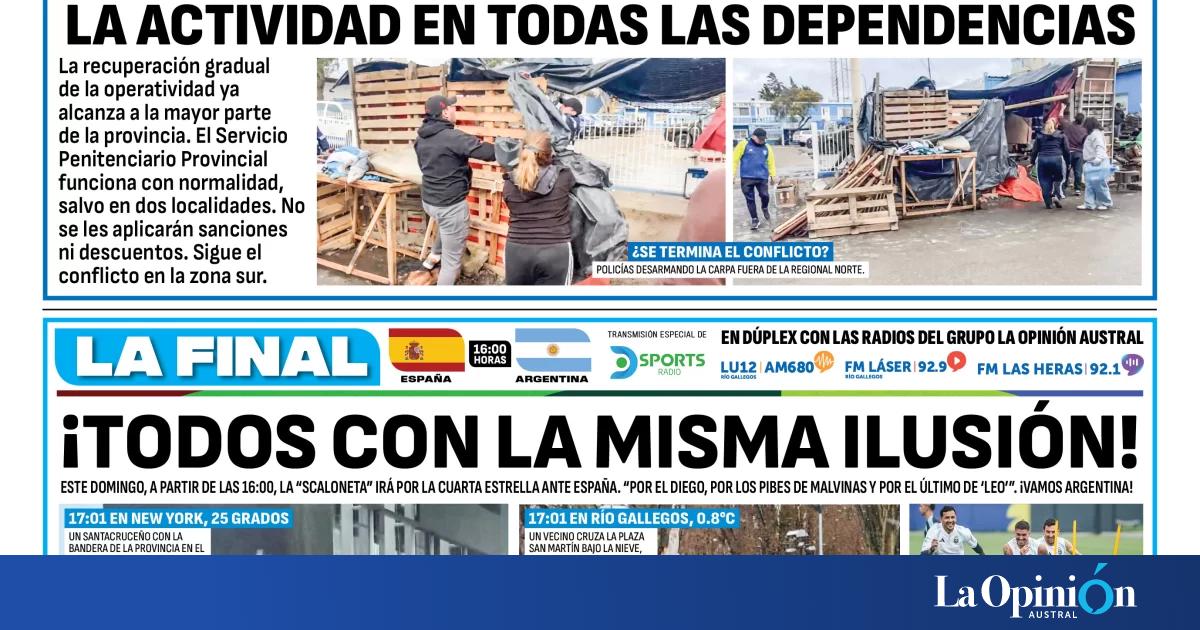 Tapa del Diario La Opinión Austral del domingo 19 de julio de 2026, Río Gallegos, Santa Cruz, Argentina